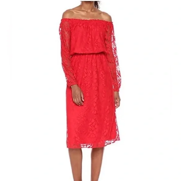 Nine West | Dresses | Nine West Off The Shoulder Long Sleeve Floral Lace  Midi Dress Red Euc | Poshmark